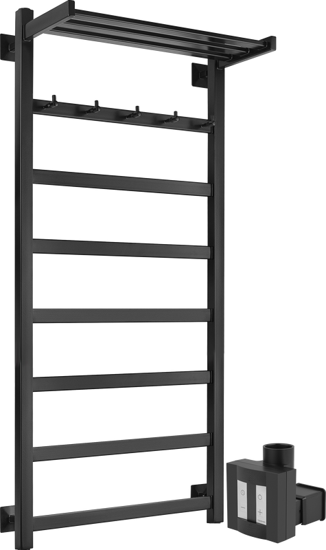 Полотенцесушитель электрический Secado Корсико 1 КСП , 105x55 см, скрытое подключение справа, матовый черный, лесенка, с полкой