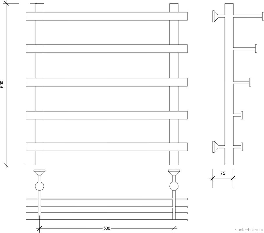 Полотенцесушитель водяной Secado Понтида 7 СП 60x60 см, матовый черный, лесенка, с полкой