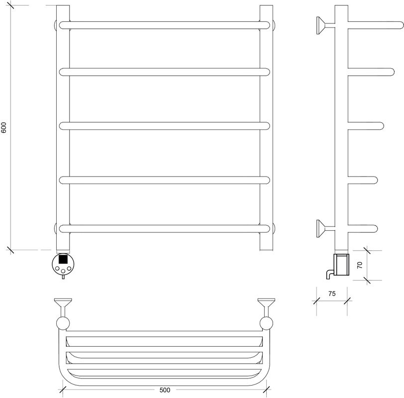 Полотенцесушитель электрический Secado Мерида 2 СП 60x50 см, подключение слева, матовый черный, лесенка, с полкой