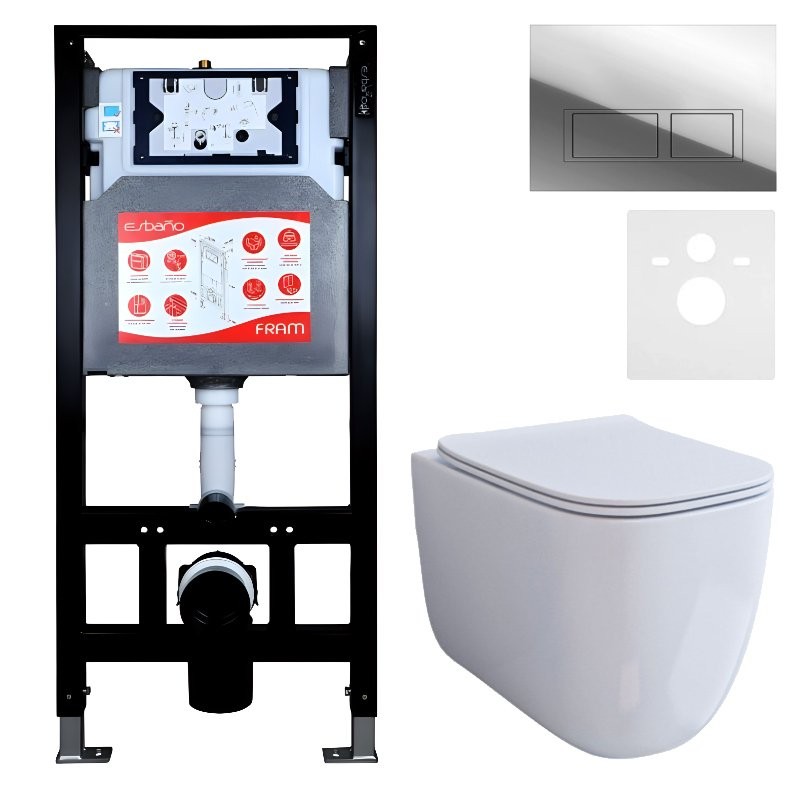 Комплект 3 в 1 Унитаз подвесной Esbano ESUPGARAW + Инсталляция Fram + Кнопка ESINPRK12SC цвет глянцевый хром