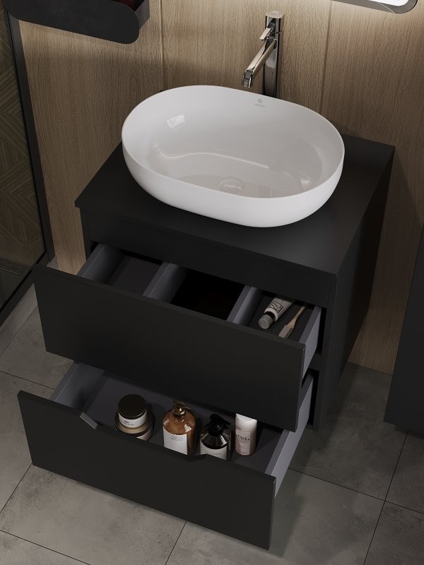 Тумба с раковиной Orange Line 60 подвесная, 2 ящика, матовая черная с раковиной B05-480W