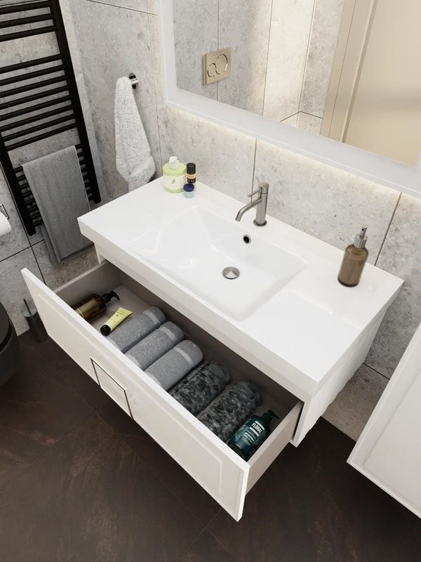 Тумба с раковиной La Fenice Cubo 100 подвесная, bianco, ручка хром, раковина Cubo 100