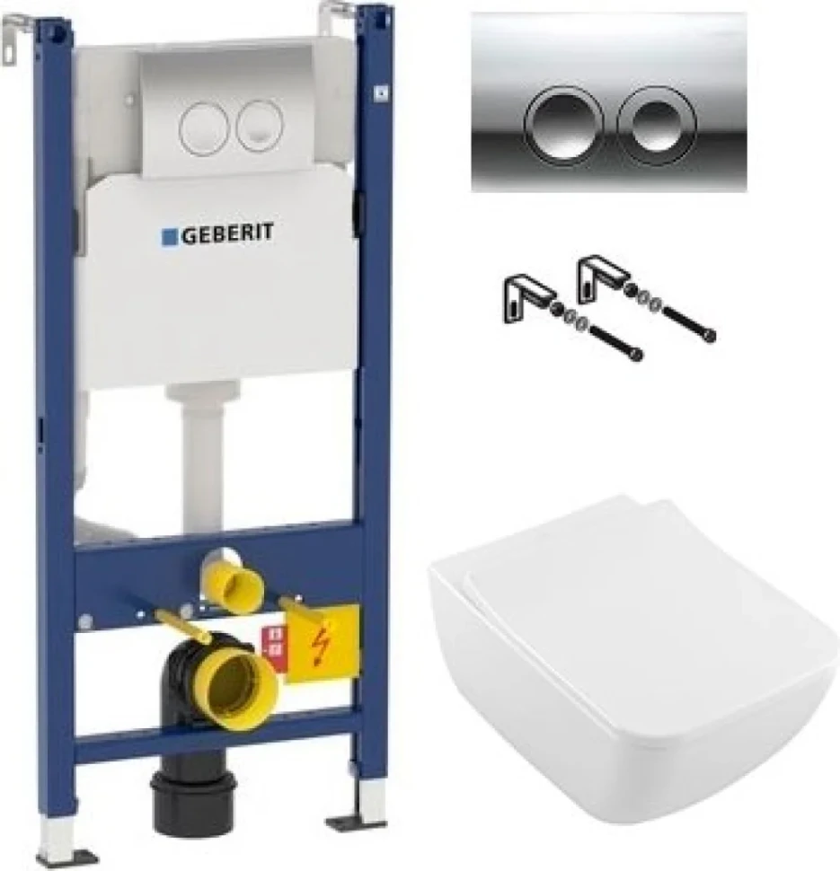 Комплект Унитаз подвесной Villeroy & Boch Venticello 4611RS01 безободковый + Инсталляция Geberit Duofix Delta 458.124.21.1 3 в 1 с кнопкой смыва, хром