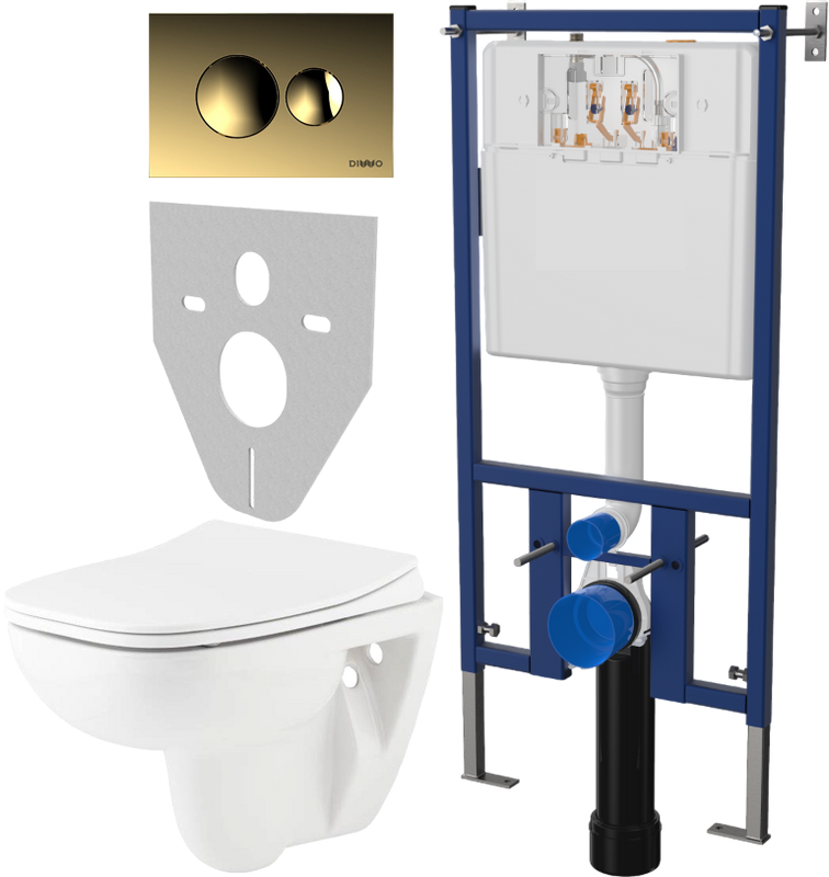 Комплект Унитаз подвесной Seramiksan Petite + Крышка AG50006 с микролифтом + Инсталляция DIWO + Кнопка 7315 золотая