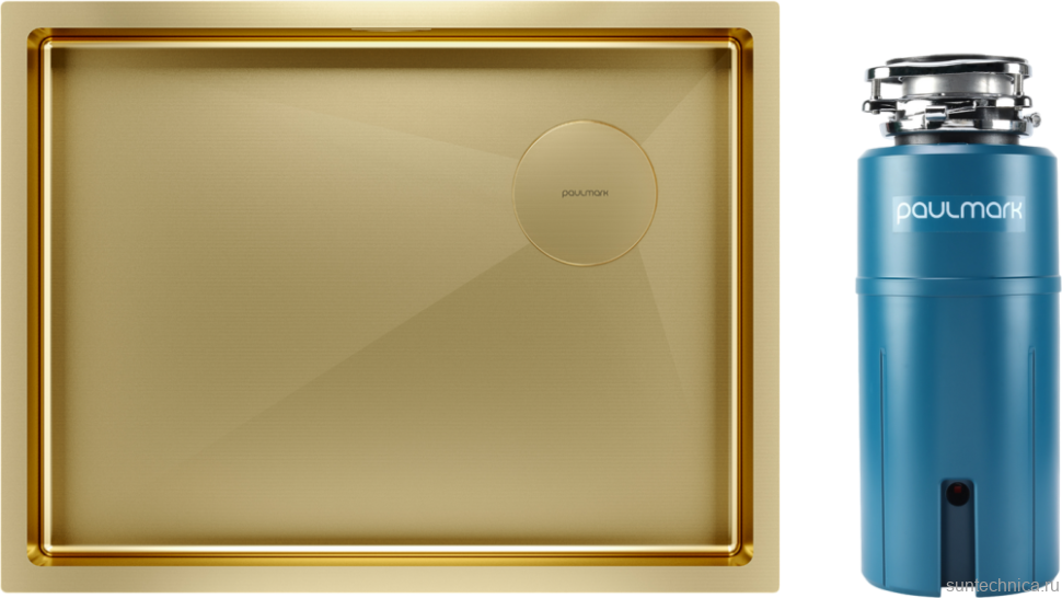 Комплект Мойка Paulmark Next-Skew PM885844-BG брашированное золото + Измельчитель Intenso