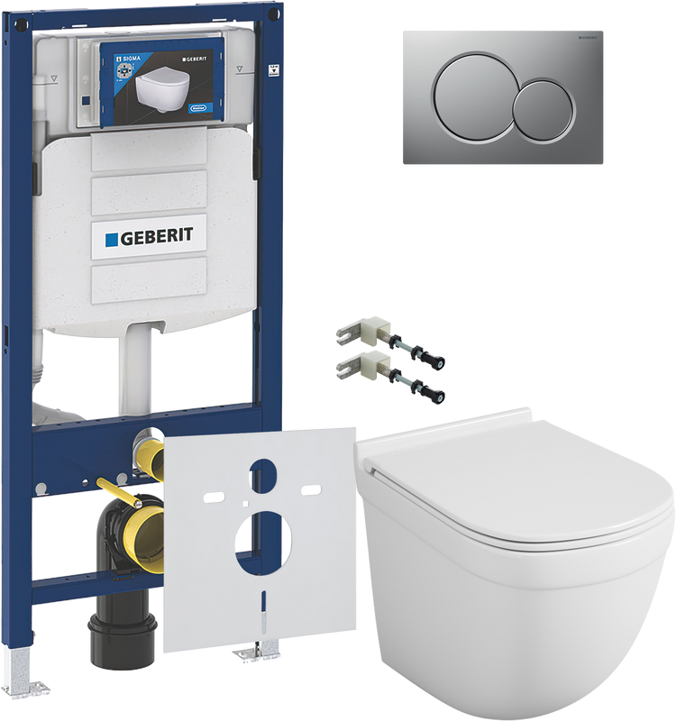 Комплект Унитаз подвесной Owl 1975 Eld TOWLT190101 безободковый + Крепления Geberit Duofix 111.815.00.1 к стене + Звукоизоляция + Инсталляция UP 320 111.300.00.5 + Кнопка Sigma 01 115.770.JQ.5 лакированная, матовый хром