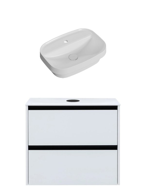 Тумба с раковиной Allen Brau Activity 80 с подсветкой, матовый белый, черный браш, столешница белая, раковина Fantasy Sphere 55x40, белая