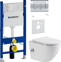 Комплект Унитаз подвесной BelBagno Uno BB3105CHR-BS/SC с микролифтом, со смесителем и функцией биде + Звукоизоляция Geberit + Инсталляция Duofix Delta 458.163.21.1 с кнопкой смыва, хром