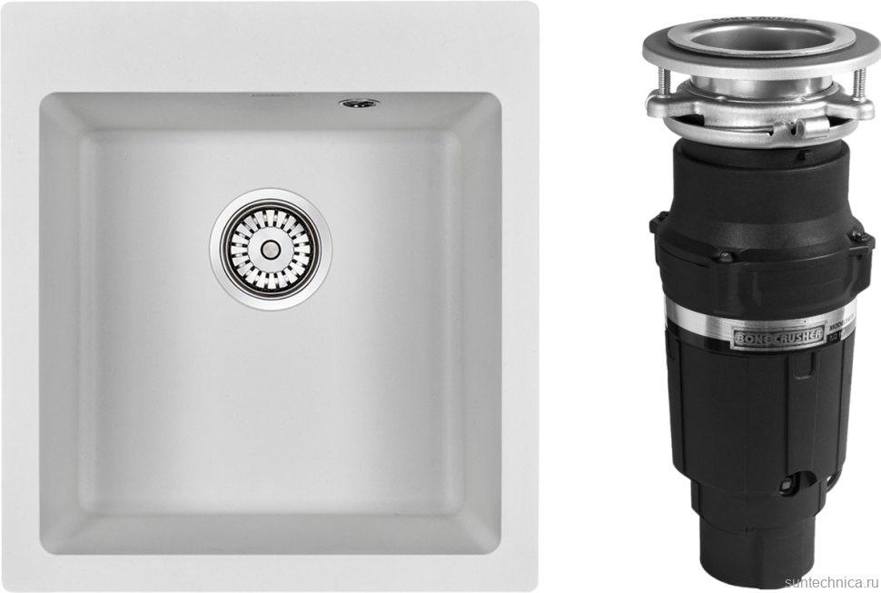 Комплект Мойка Paulmark Kante 45 PM104651-WH белая + Измельчитель Bone Crusher BC 610-AS