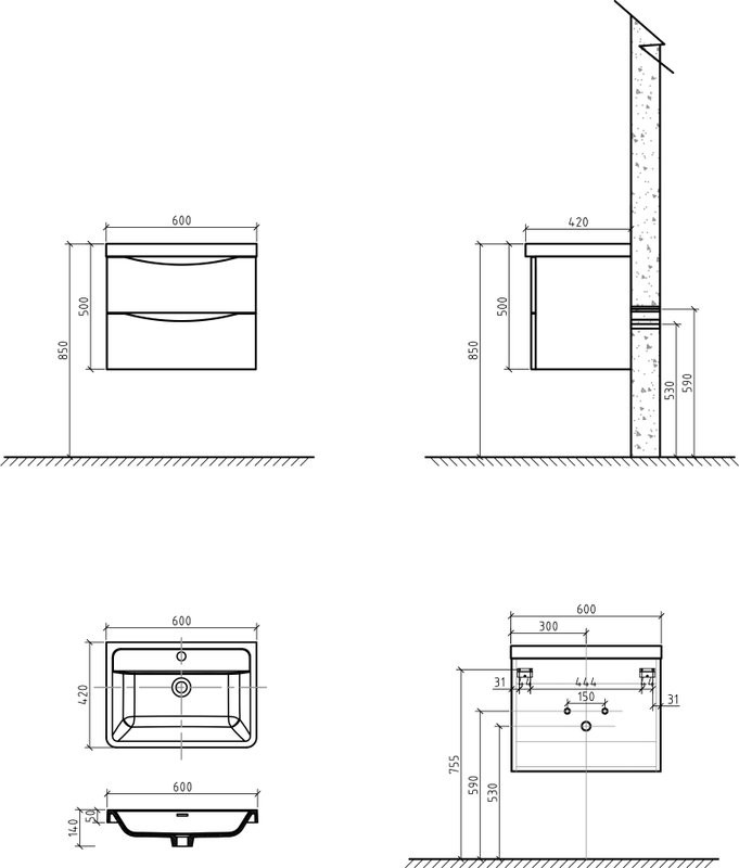Тумба с раковиной BelBagno Ancona-N 60 bianco lucido подвесная