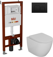 Комплект Унитаз подвесной Bauedge Bau Dream безободковый, с микролифтом + Инсталляция Bau Pro + Кнопка Soul, черная матовая