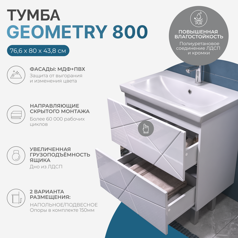 Мебель для ванной комнаты Vigo Geometry 80 напольная, белая, раковина Como 80