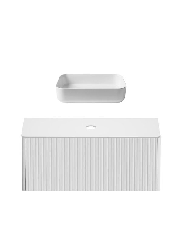 Тумба с раковиной Allen Brau Gravity 120 1 ящик, с фрезеровкой, матовый белый, столешница белая, раковина Fantasy Quad 50, белая