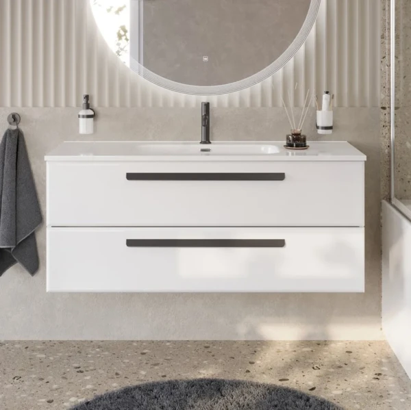 Тумба с раковиной Cezares Eco Cer-N 120 bianco lucido, раковина Duet 120, ручки черные матовые