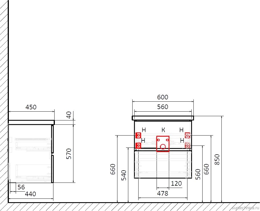 Мебель для ванной комнаты STWORKI Колдинг 60 антрацит, с раковиной 50 Square, столешница орех матовый