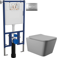 Комплект Унитаз подвесной Aqueduto Macio MAC0130 безободковый, с микролифтом, серый матовый + Инсталляция DIWO + Кнопка 7311 хром матовый