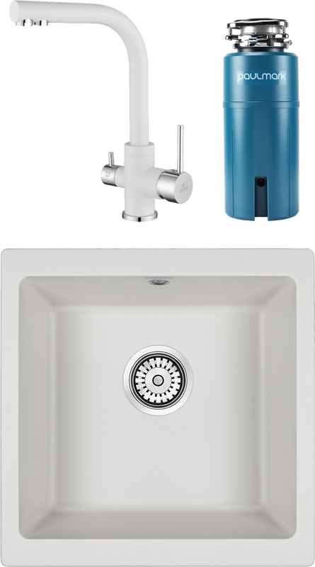 Комплект Мойка кухонная Paulmark Brilon PM104546-WH белый + Смеситель Essen Es213011-431 белый матовый + Измельчитель Intenso I-800 + Фильтр Refine System
