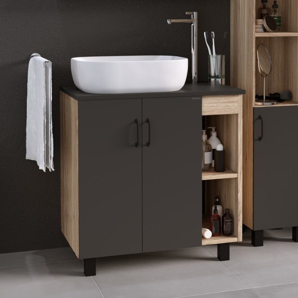 Тумба с раковиной Grossman Флай 80 со столешницей, дуб сонома, серая