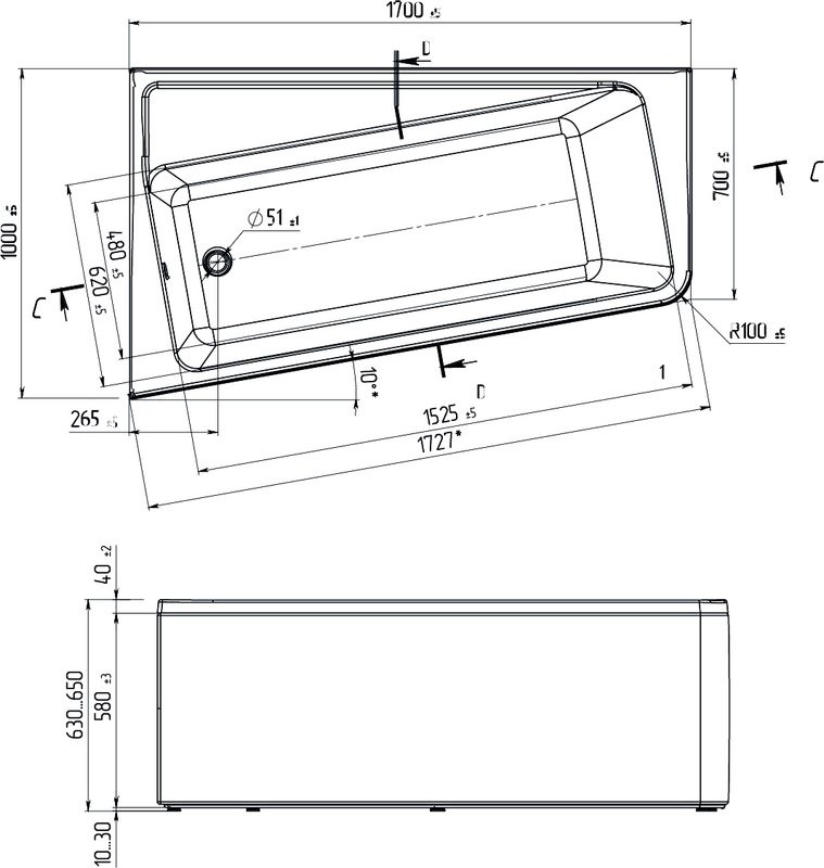 Акриловая ванна Marka One Direct L 170x100 см, левая, пристенная, белая, асимметричная, с каркасом