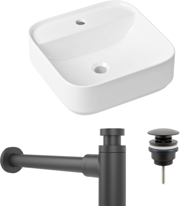 Комплект Накладная раковина Lavinia Boho Bathroom Sink Slim 33311007 + Донный клапан Wellsee Drainage System 182140000 матовый черный + Сифон 182105000 матовый черный
