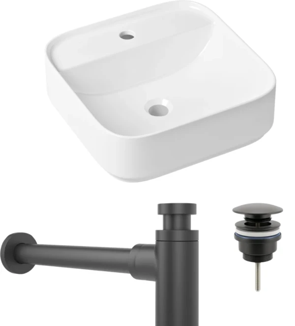 Комплект Накладная раковина Lavinia Boho Bathroom Sink Slim 33311007 + Донный клапан Wellsee Drainage System 182140000 матовый черный + Сифон 182105000 матовый черный