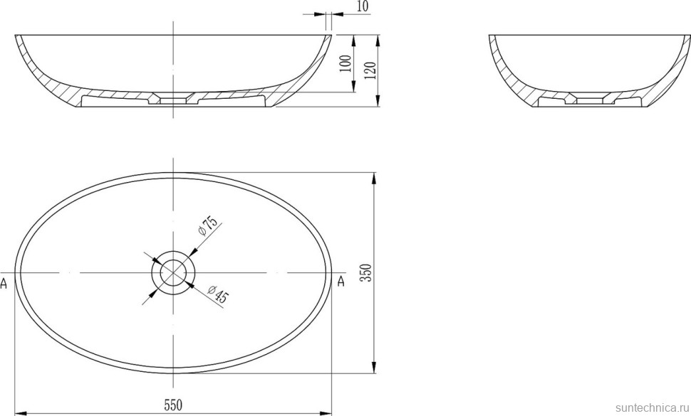 Накладная раковина Abber Stein AS2635 55 матовая белая, овальная, искусственный камень