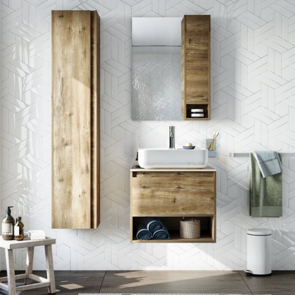 Мебель для ванной комнаты STWORKI Карлстад 60 дуб рустикальный, простоун беж, в стиле лофт, под дерево, подвесная, российская