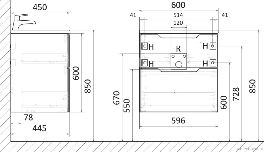 Тумба с раковиной Raval Wector 60, подвесная, антрацит