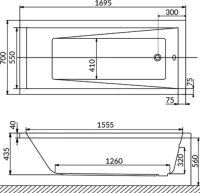 Акриловая ванна WHITECROSS Wave Line Nano 170x70 см, встраиваемая, с гидромассажем, белый глянец, с каркасом, со сливом-переливом, фурнитура золото