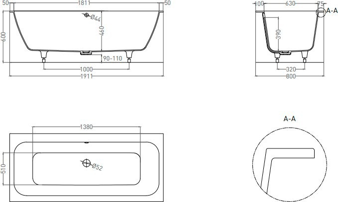 Ванна из искусственного камня Salini Orlanda Axis S-Sense 190x80 см, встраиваемая, матовая белая, на ножках