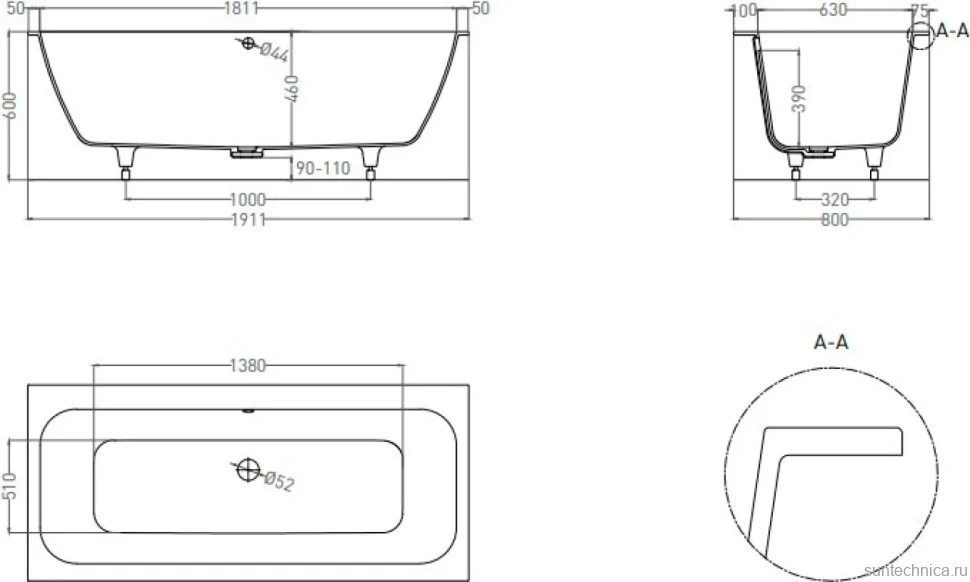 Ванна из искусственного камня Salini Orlanda Axis S-Sense 190x80 см, встраиваемая, матовая белая, на ножках