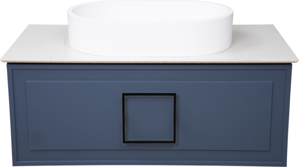 Тумба с раковиной La Fenice Cubo 90 подвесная, синяя, ручка черная, столешница белый мрамор, раковина матовая белая