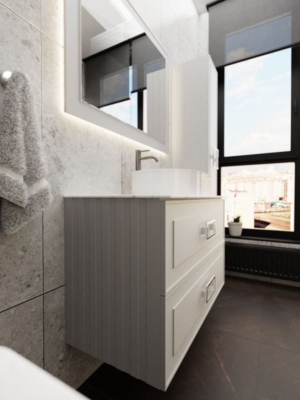 Тумба под раковину со столешницей La Fenice Cubo Twin 90 подвесная, cappuccino , бежевая матовая, столешница белый мрамор, ручки белые