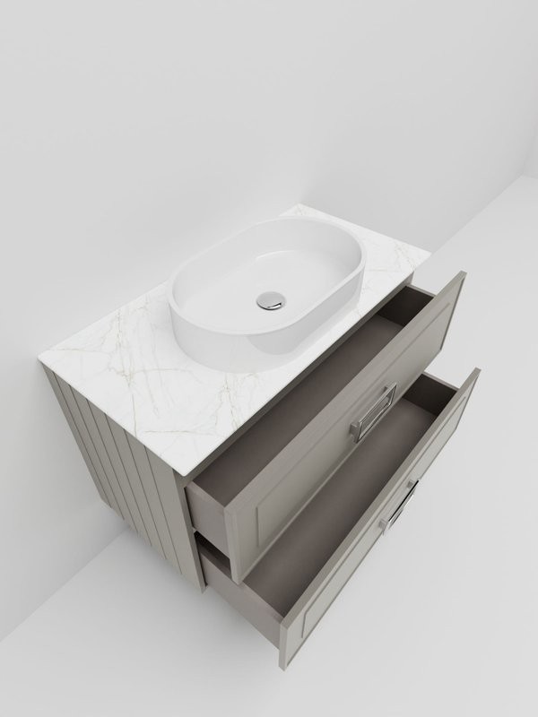Тумба под раковину со столешницей La Fenice Cubo Twin 90 подвесная, cappuccino , бежевая матовая, столешница белый мрамор, ручки белые