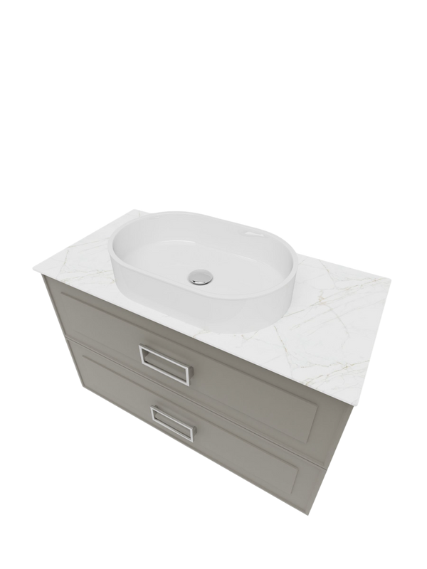 Тумба под раковину со столешницей La Fenice Cubo Twin 90 подвесная, cappuccino , бежевая матовая, столешница белый мрамор, ручки белые
