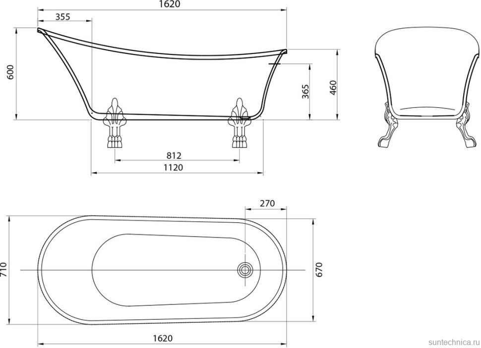 Акриловая ванна Grossman Retro GR-1002 160x70 см, отдельностоящая, белая, овальная, с каркасом, со сливом-переливом
