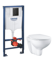 Комплект Унитаз подвесной Grohe Bau Ceramic 39351000 безободковый, альпин-белый + Инсталляция Solido 38811KF0 3 в 1 с кнопкой смыва