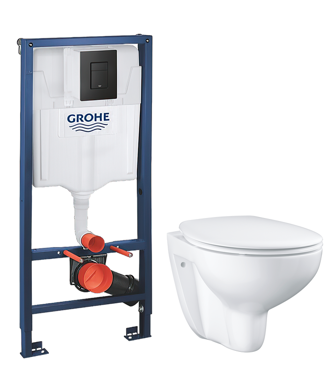 Комплект Унитаз подвесной Grohe Bau Ceramic 39351000 безободковый, альпин-белый + Инсталляция Solido 38811KF0 3 в 1 с кнопкой смыва