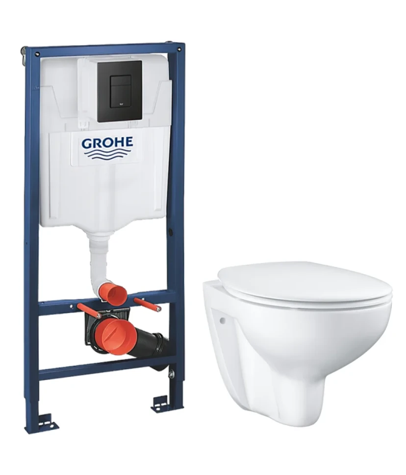 Комплект Унитаз подвесной Grohe Bau Ceramic 39351000 безободковый, альпин-белый + Инсталляция Solido 38811KF0 3 в 1 с кнопкой смыва