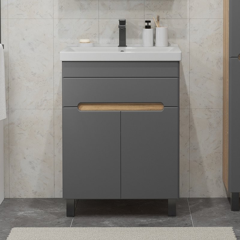 Тумба с раковиной SanStar Модена 60 напольная, графит софт, дуб вотан, раковина Fest 60