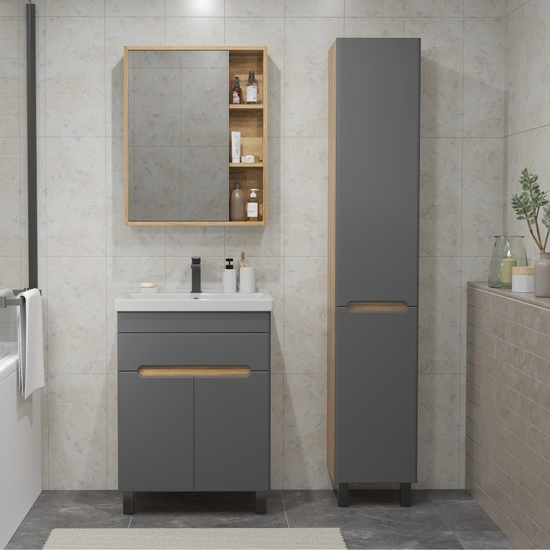 Тумба с раковиной SanStar Модена 60 напольная, графит софт, дуб вотан, раковина Fest 60