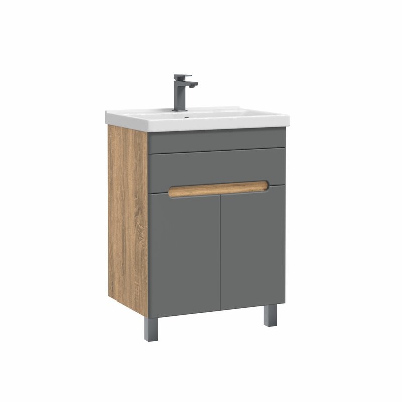 Тумба с раковиной SanStar Модена 60 напольная, графит софт, дуб вотан, раковина Fest 60