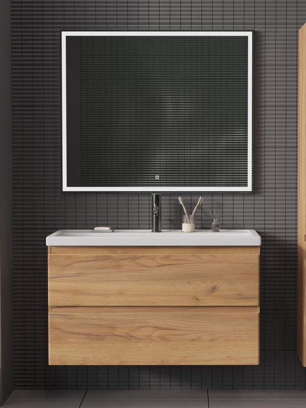 Мебель для ванной комнаты SanStar Riana 100 подвесная, дуб крафт золотой, раковина Фостер 100