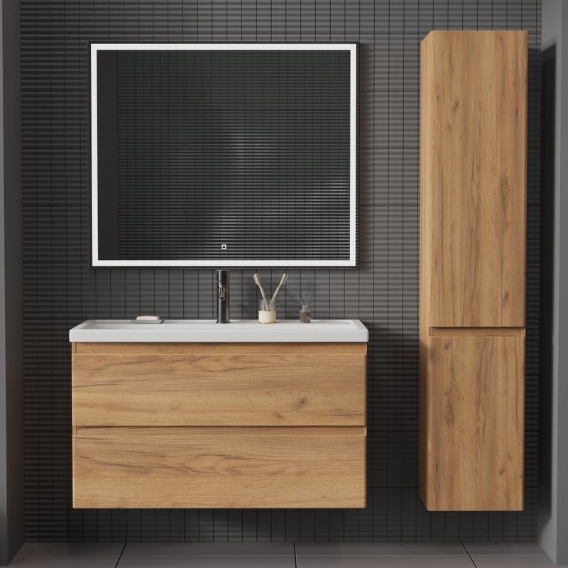 Мебель для ванной комнаты SanStar Riana 100 подвесная, дуб крафт золотой, раковина Фостер 100