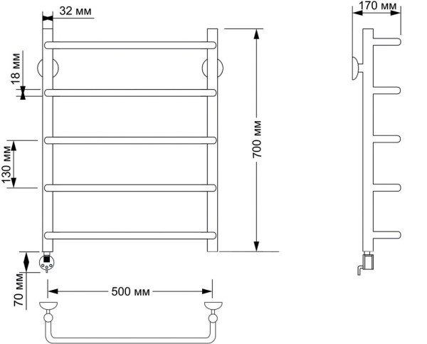 Полотенцесушитель электрический Secado Мерида 1 75x55 см, подключение справа, бронза, лесенка, латунь