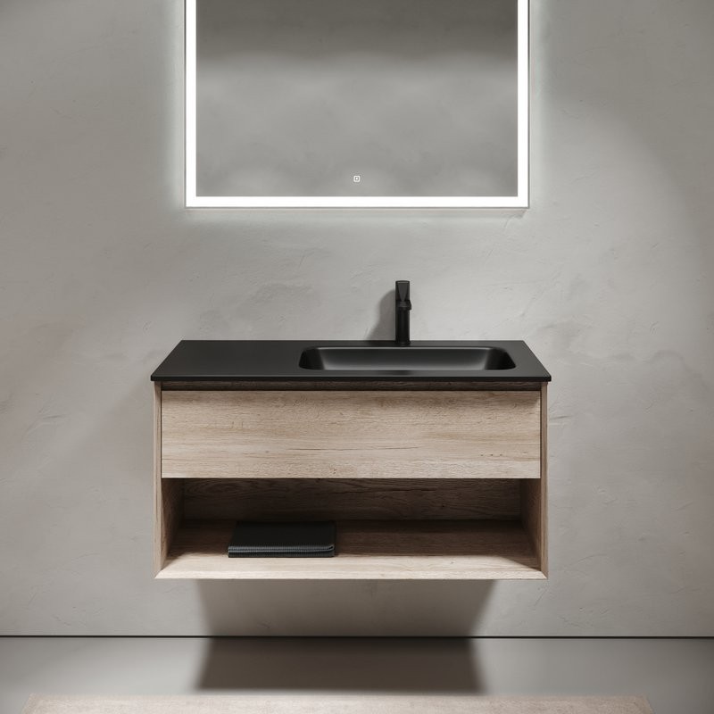 Мебель для ванной комнаты Sancos Marmi 1.0 100 R черная раковина, дуб галифакс натуральный