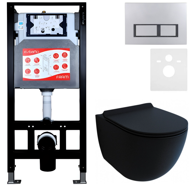 Комплект Унитаз подвесной Esbano Garcia ESUPGARCBM матовый черный + Инсталляция Fram + Кнопка ESINPRK12MC