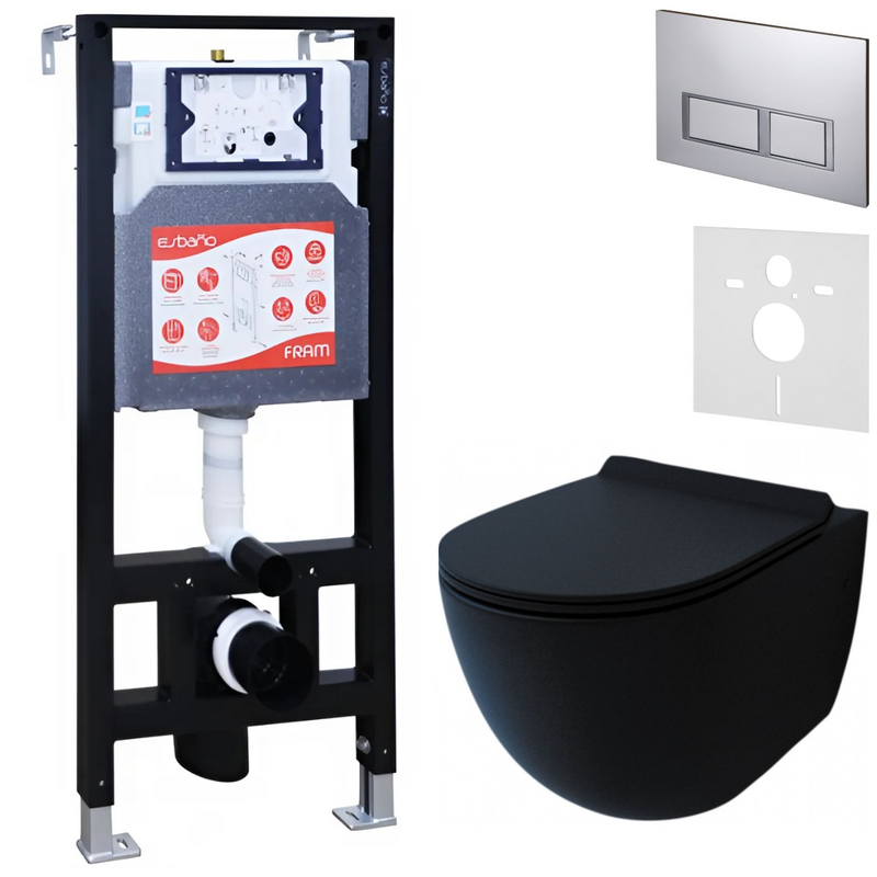 Комплект Унитаз подвесной Esbano Garcia ESUPGARCBM матовый черный + Инсталляция Fram + Кнопка ESINPRK12MC