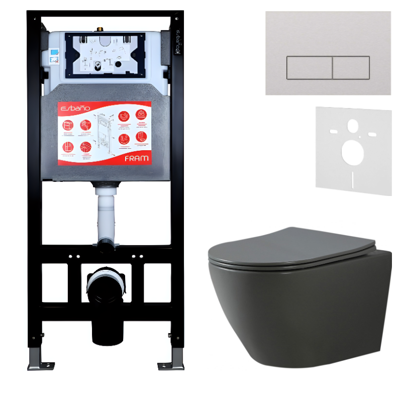 Комплект Унитаз подвесной Esbano Amapola ESUPAMAPGM матовый серый + Инсталляция Fram + Кнопка ESINMTP21ST