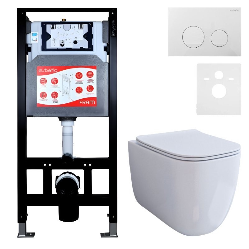 Комплект 3 в 1 Унитаз подвесной Esbano ESUPGARAW + Инсталляция Fram + Кнопка ESINSLM37GW цвет глянцевый белый
